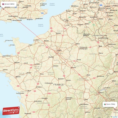 Turin - Bristol direct flight map