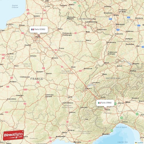 Turin - Paris direct flight map