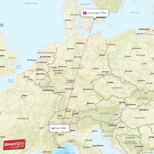 Turin - Copenhagen direct flight map