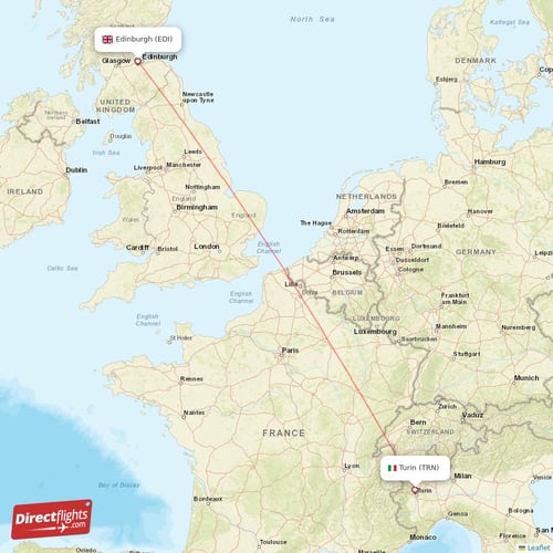 Turin - Edinburgh direct flight map