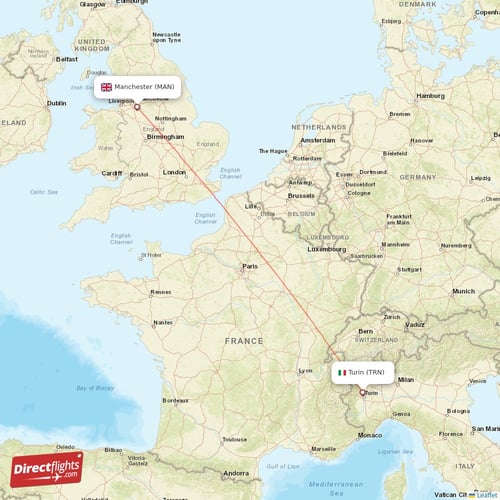 Turin - Manchester direct flight map