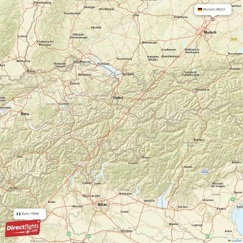 Turin - Munich direct flight map