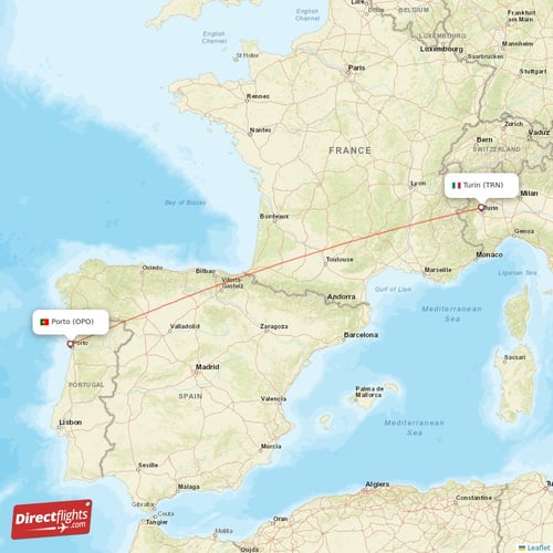 Turin - Porto direct flight map