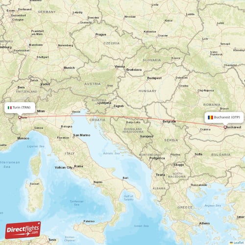 Turin - Bucharest direct flight map