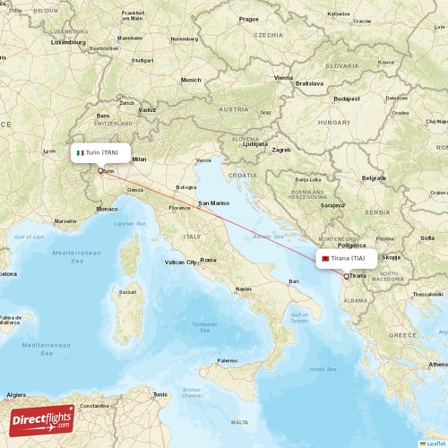 Turin - Tirana direct flight map