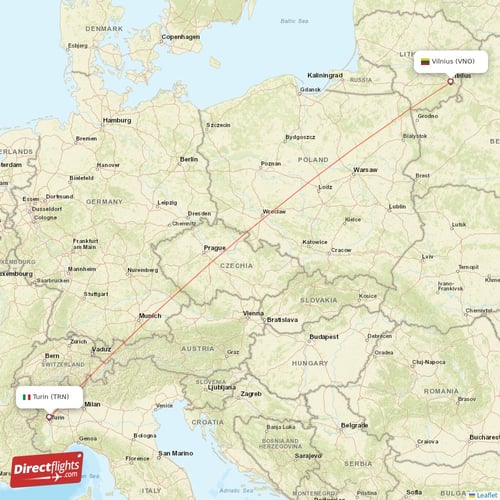 Turin - Vilnius direct flight map