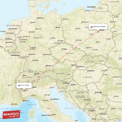 Turin - Warsaw direct flight map