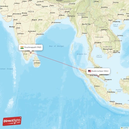 Tiruchirappalli - Kuala Lumpur direct flight map