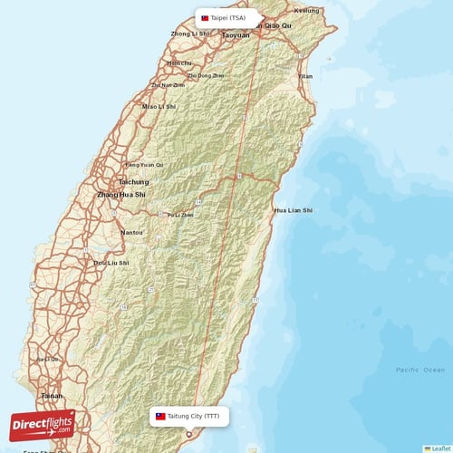 Taipei - Taitung City direct flight map