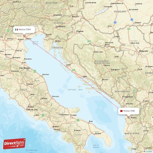 Venice - Tirana direct flight map
