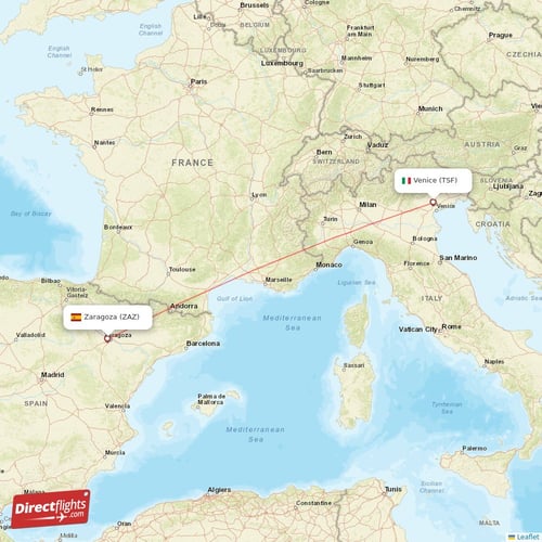 Venice - Zaragoza direct flight map