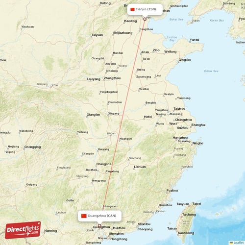 Tianjin - Guangzhou direct flight map