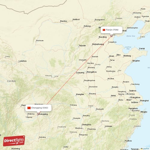 Tianjin - Chongqing direct flight map