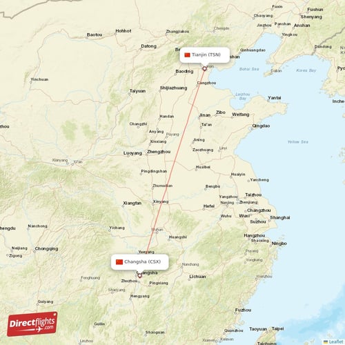 Tianjin - Changsha direct flight map