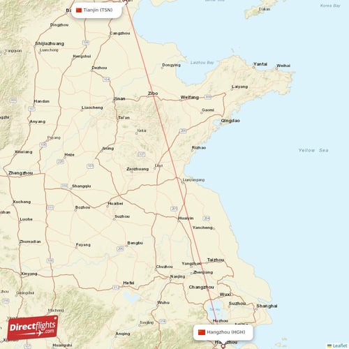 Tianjin - Hangzhou direct flight map