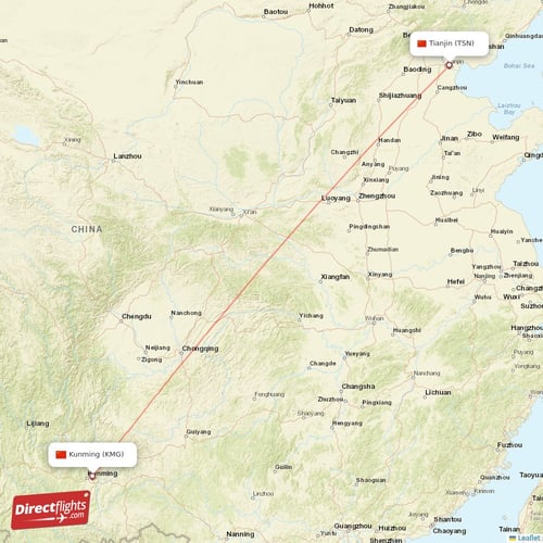 Tianjin - Kunming direct flight map