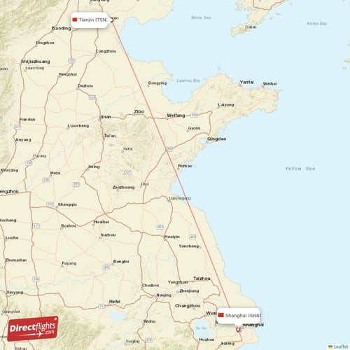 Tianjin - Shanghai direct flight map