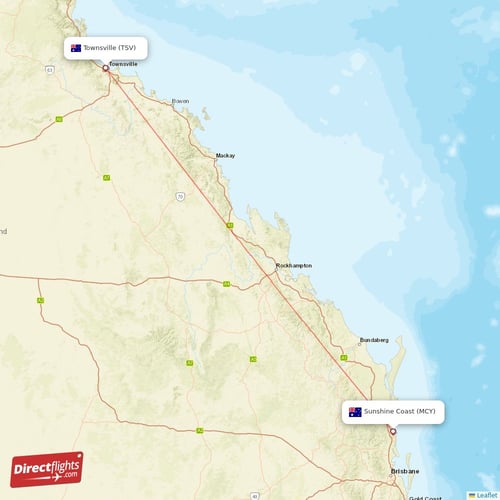 Townsville - Sunshine Coast direct flight map