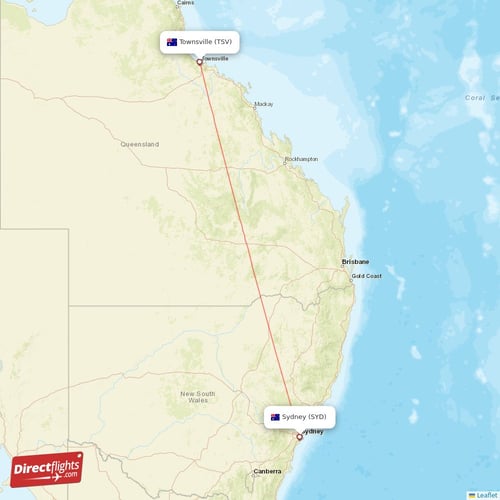 Townsville - Sydney direct flight map
