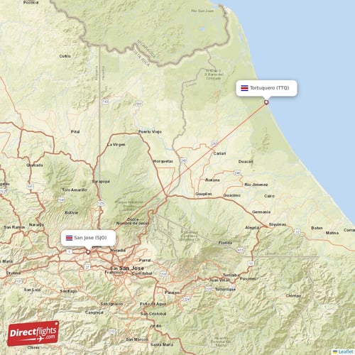 Tortuquero - San Jose direct flight map