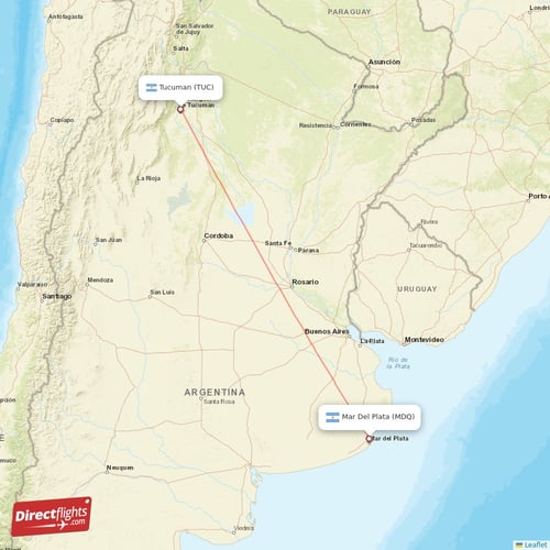 Tucuman - Mar Del Plata direct flight map