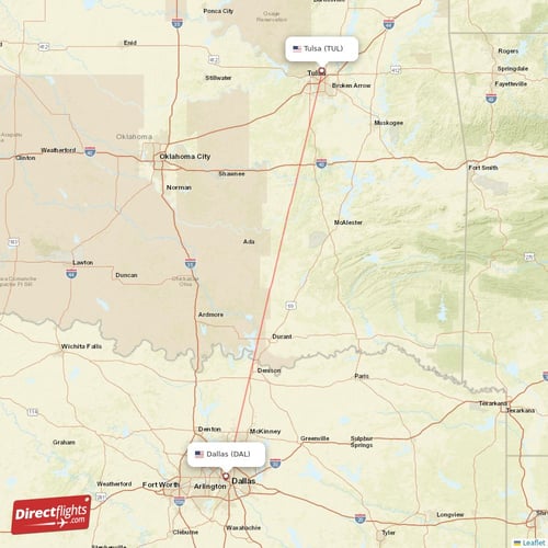 Tulsa - Dallas direct flight map