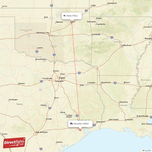 Tulsa - Houston direct flight map
