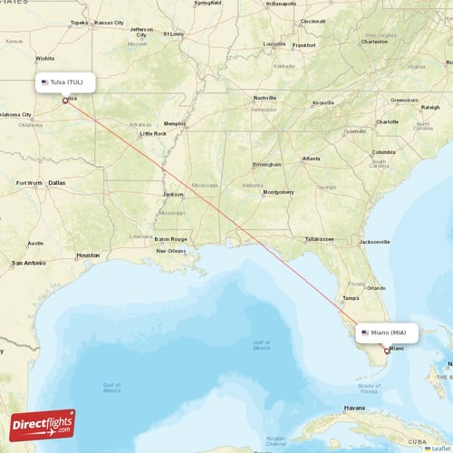 Tulsa - Miami direct flight map