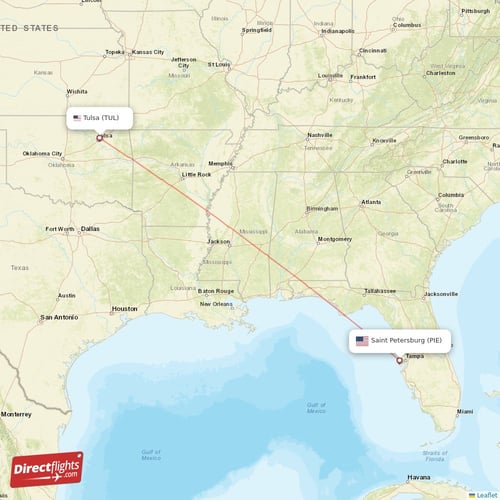 Tulsa - Saint Petersburg direct flight map