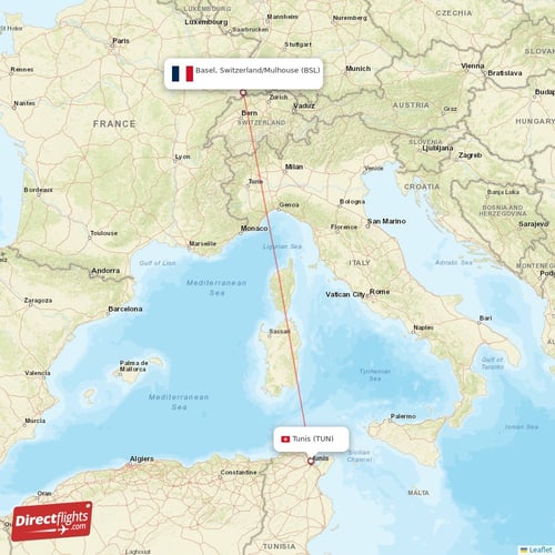 Tunis - Basel, Switzerland/Mulhouse direct flight map