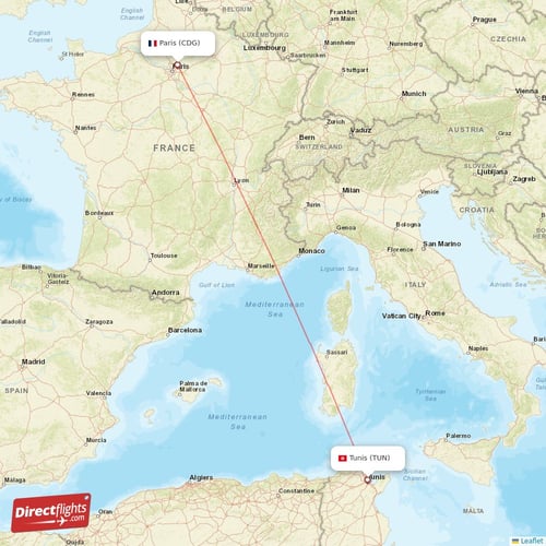 Tunis - Paris direct flight map