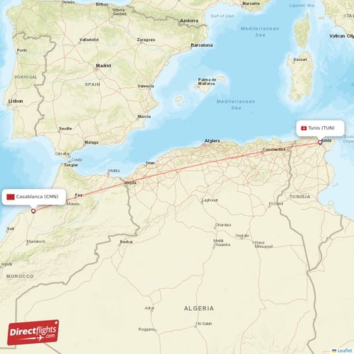 Tunis - Casablanca direct flight map