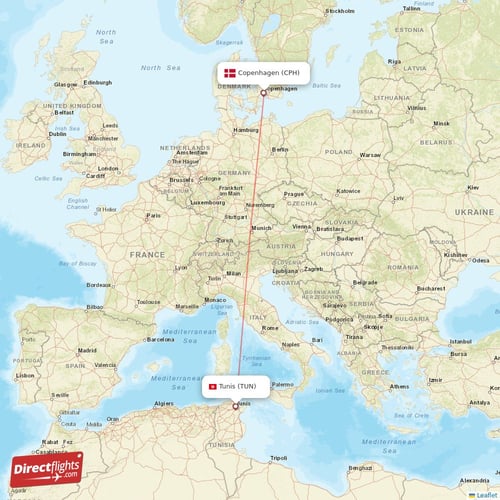 Tunis - Copenhagen direct flight map