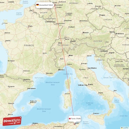 Tunis - Dusseldorf direct flight map