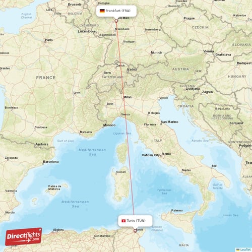 Tunis - Frankfurt direct flight map