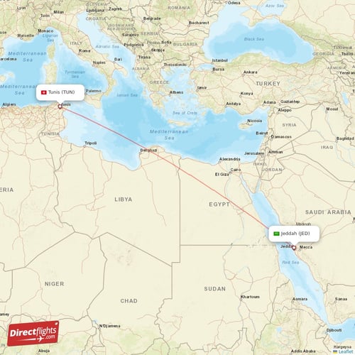 Tunis - Jeddah direct flight map