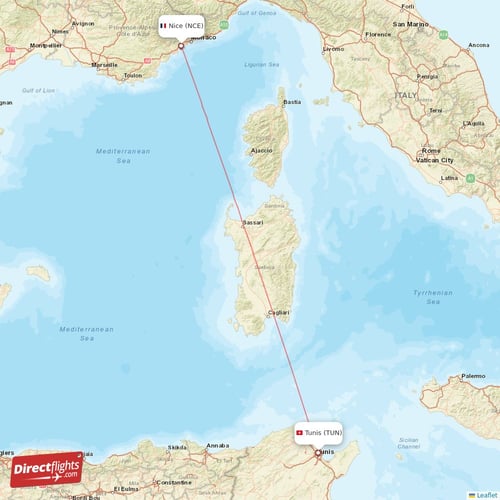 Tunis - Nice direct flight map