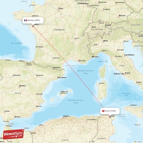 Tunis - Nantes direct flight map