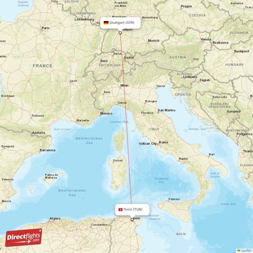 Tunis - Stuttgart direct flight map