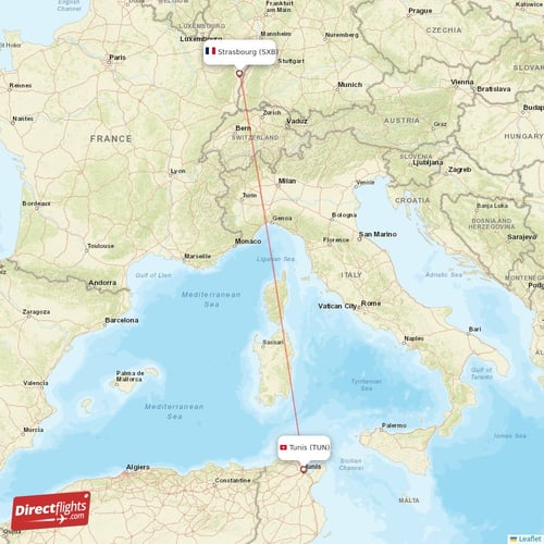 Tunis - Strasbourg direct flight map