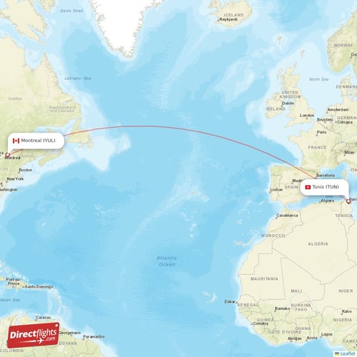 Tunis - Montreal direct flight map