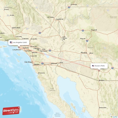 Tucson - Los Angeles direct flight map