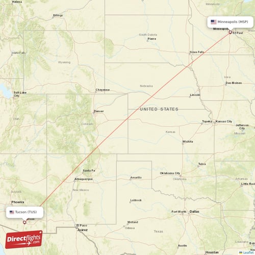 Tucson - Minneapolis direct flight map