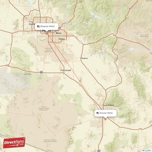 Tucson - Phoenix direct flight map