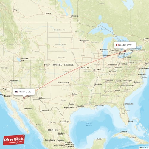 Tucson - London direct flight map