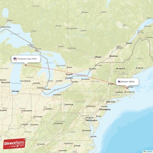 Traverse City - Boston direct flight map