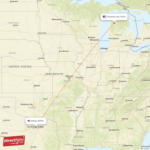 Traverse City - Dallas direct flight map