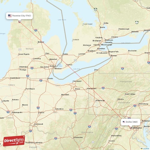 Traverse City - Dulles direct flight map