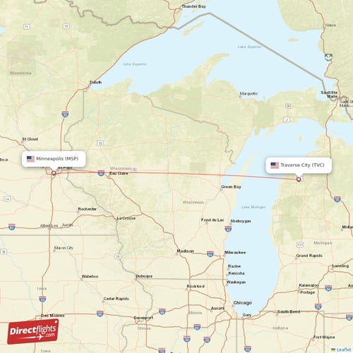 Traverse City - Minneapolis direct flight map