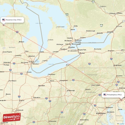 Traverse City - Philadelphia direct flight map